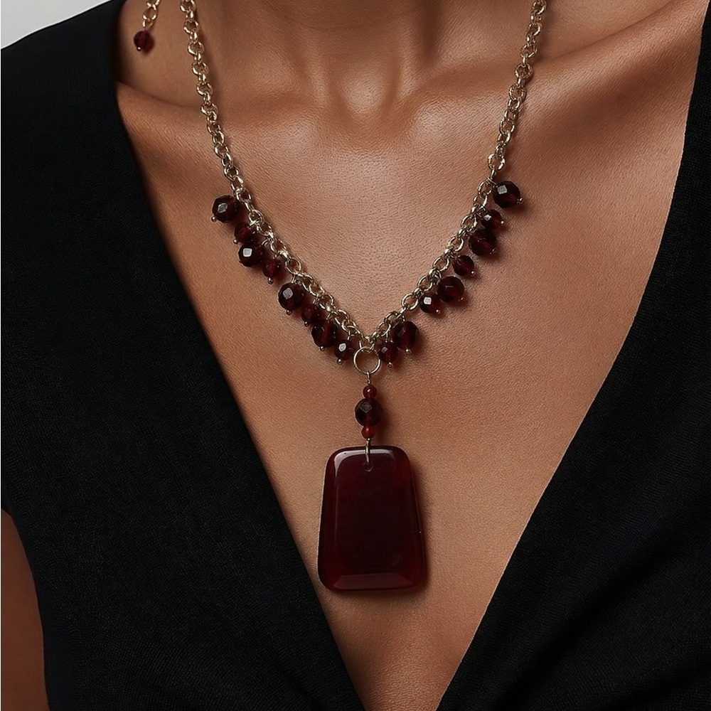 Burgundy Statement Necklace Beaded Pendant Silver Chain Elegant Evening Jewelry